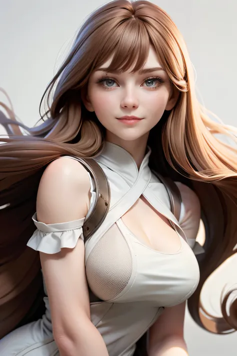 Medieval girl , long hair, color honey brown with bangs and half-curled ends, grey eyes, expression of happiness , natural lighting , ultra resolution , plain white background , without patterns, No textures.