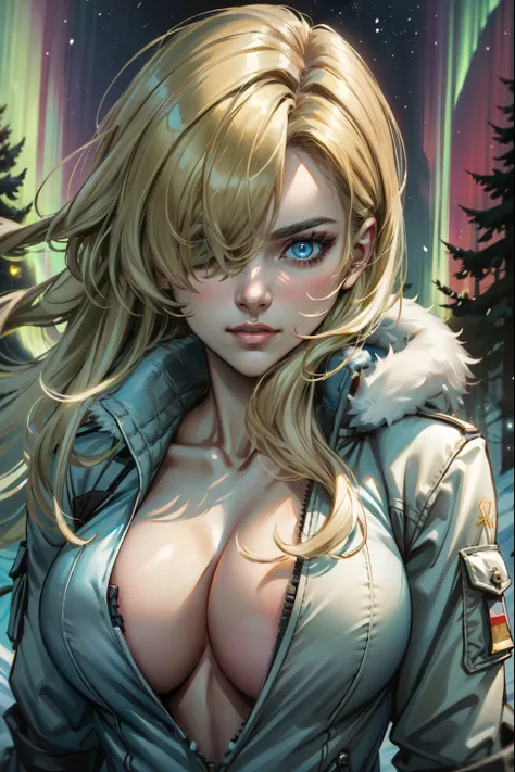 (masterpiece, best quality:1.2), mgssniperwolf, solo, 1girl, hair over one eye, blue eyes, cleavage, neutral expression, White Winter coat, Winter forest, aurora borealis, Night, close up,