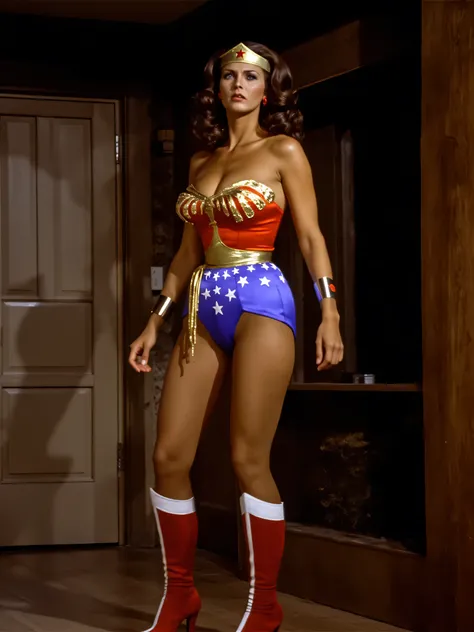 Wonder Woman, Linda Carter , standing, she's been kicked in the vagina so she's clutching her pussy in pain, crying, eyes open looking up, in dark sexy bedroom , ((( with eyes opened, mouth open, glossy lips )))，ravished legs spread, boots slipping down of...