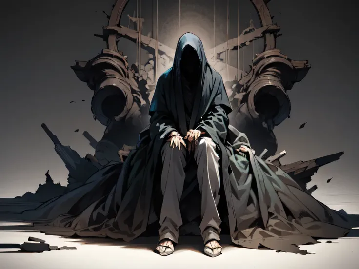 sideview,sitting,cool model pose:1.2,( two nazgul with their backs together),(1nazgul is white open long jacket mant,gray pants),(1nazgul is black robe ), Wicked Atmosphere,Golden Aura, Will Collapse the World,wreckage,Decadent,Reversed Rainbow ,Symbol of ...