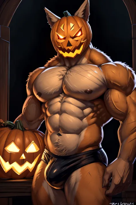 (by zackary911, anime, soft hatching) anthropomorphic, solo, human anatomy, humanoid, adult, anthro, (fit body, pecs, biceps, muscular, buff), (white pumpkin head, jackolantern head, orange body, pumpkin body, glowing eyes) (shirtlesss, black speedo)