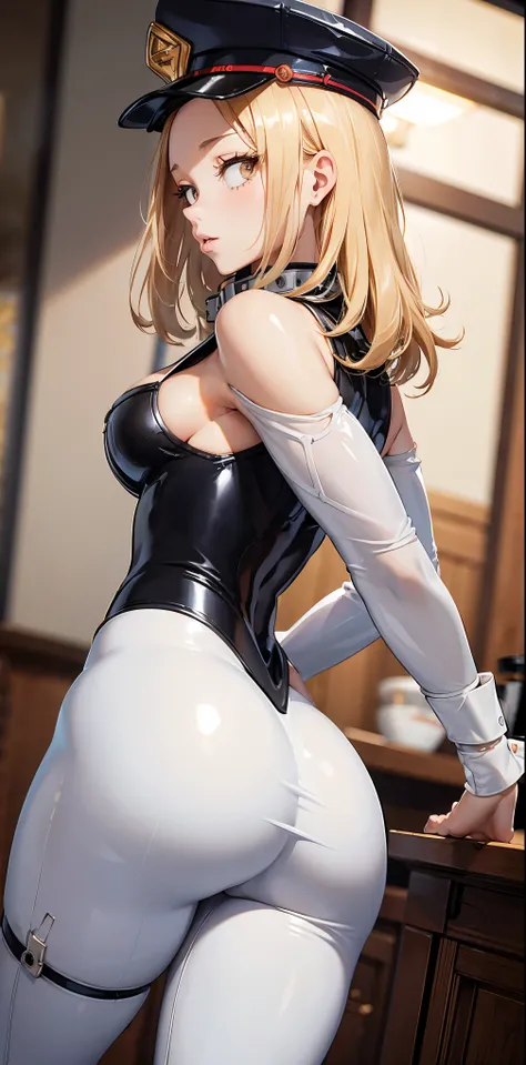 masterpiece , la mejor calidad, Cowboy Shotz Solo, 1 girl, Utsushimi Camie,  slim waist,  cleavage ,  hourglass figure , way, blonde, ojos marrones, (((white latex costume))) (Very low cut  ) (Police cap), (( back view )),voluptuous, thick ass, wide hips, ...