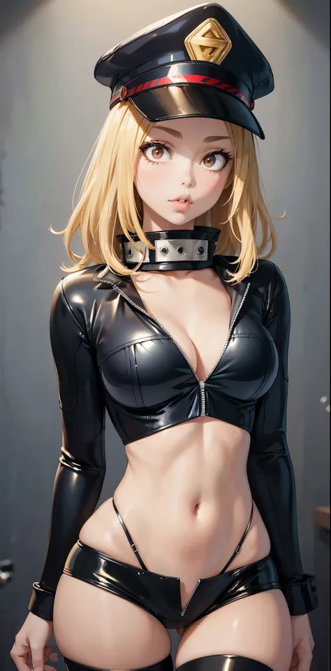 masterpiece , la mejor calidad, Cowboy Shotz Solo, 1 girl, Utsushimi Camie,  slim waist,  cleavage ,  hourglass figure , way, blonde, ojos marrones,neon colored latex costume (Very low cut  ) (Police cap) 