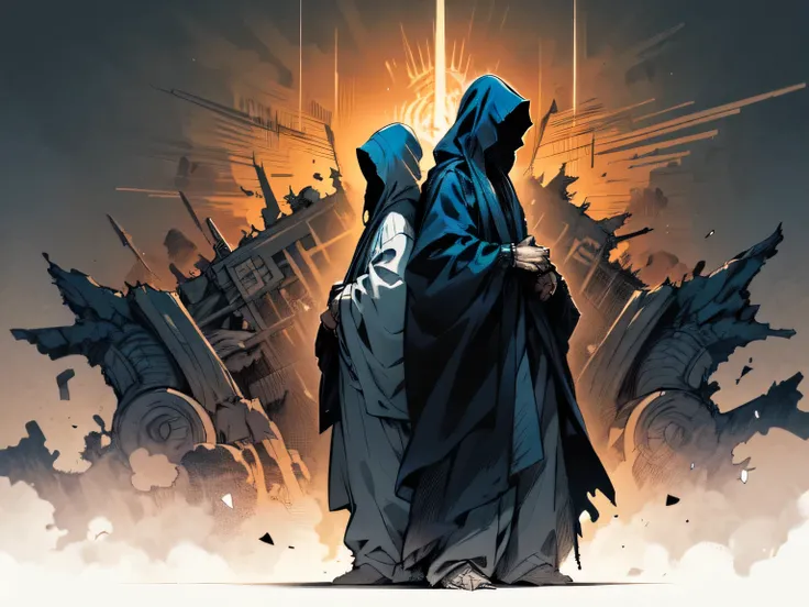 sideview,cool model pose:1.2,( two nazgul with their backs together),(1nazgul is white open long jacket mant,gray pants),(1nazgul is black robe ), Wicked Atmosphere,Golden Aura, Will Collapse the World,wreckage,Decadent,Reversed Rainbow ,Symbol of despair,...