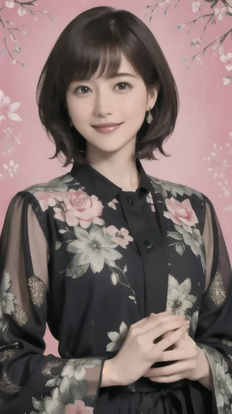 355 (20-year-old woman),( short hair), ( High Definition Photos ), (smile), (floral fractal background)