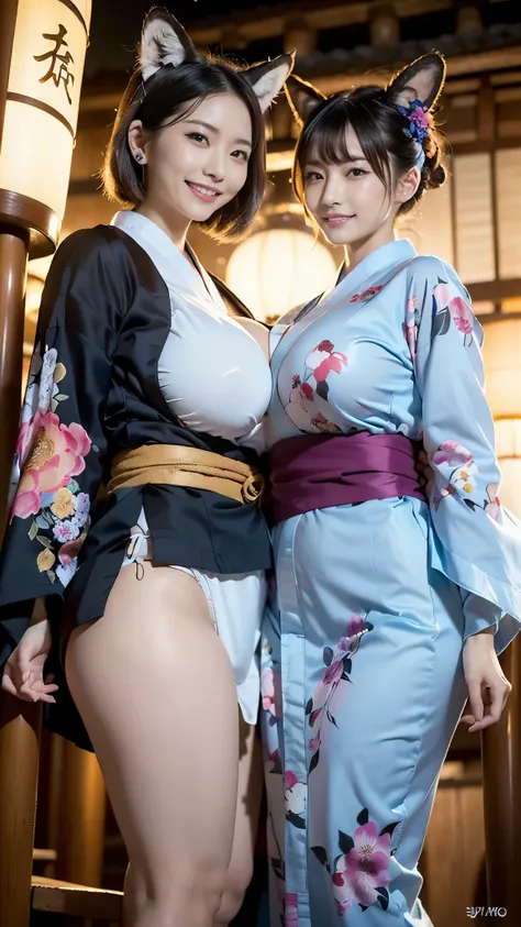  top quality, Masterpiece, ultra high resolution, high-definition RAW color photo , pro pics, natural skin texture, fine skin, hyperrealism, Ultra-Fine,16k,(((gigantic breasts))),Japan, smiles,(((煌びやかなJapanの着物,floral long sleeve kimono,right color花柄振袖, fox...