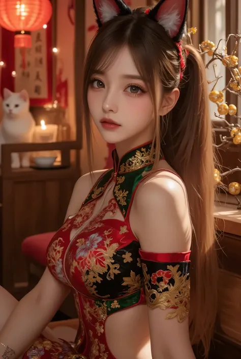 Cat ears、 face up, attractive, pretty girl, ponytail、few beautiful lady hair decorations, (( fine facial features , eroticism)), dramatic lighting , realistic , 8k, Dramatic Shadows , intricate and elaborate patterns , super detailed photo , chiaroscuro li...