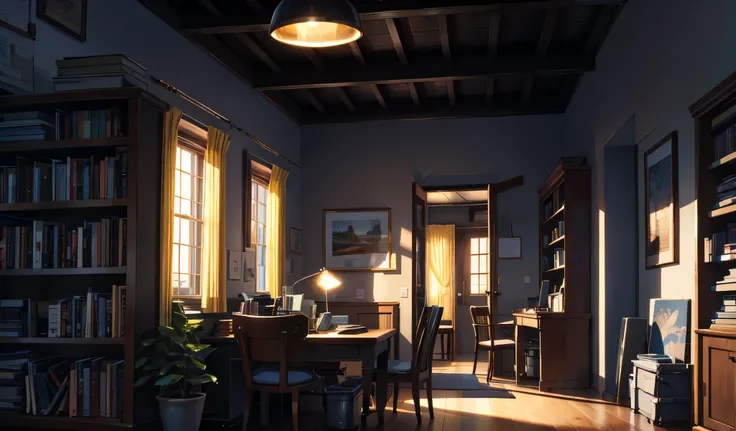  A quiet room at night ,  illuminated only by a warm desk lamp . on the table, there are open books,  notebooks with notes ,  a half-full cup of coffee and a laptop with a LoFi playlist playing softly. next to,  a disorganized bookcase displays piles of bo...