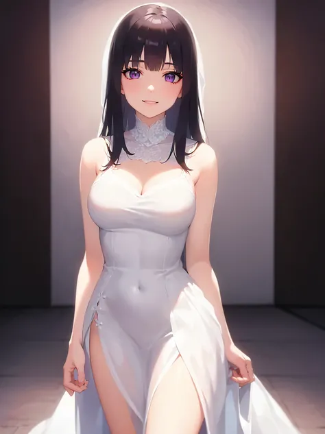 Realistic, real person, (pale skin: 1.2), RAW photo, photorealistic, shiny skin, shiny hair, (27-year-old woman with straight hair and bangs) and (medium hair) and (black hair) and (purple eyes),p,BREAK(Wedding Dress)BREAK,(light smile),The background is i...