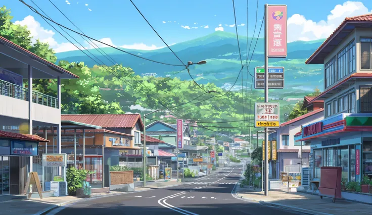 Make an anime-style background, city Cianjur, West Java, Indonesia, on the side of the road there are: houses, grocery stores, minimarkets, grocery stores, other shops, surrounded by green mountains, next to the road there is an Alfamart minimarket, detail...