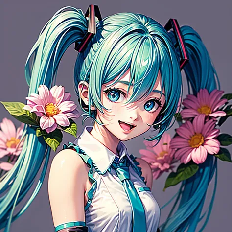  Hatsune Miku,  high resolution,  gaze to God,  blushes,  smiles,  open your mouth,  blue eyes,  top quality, Floral Background