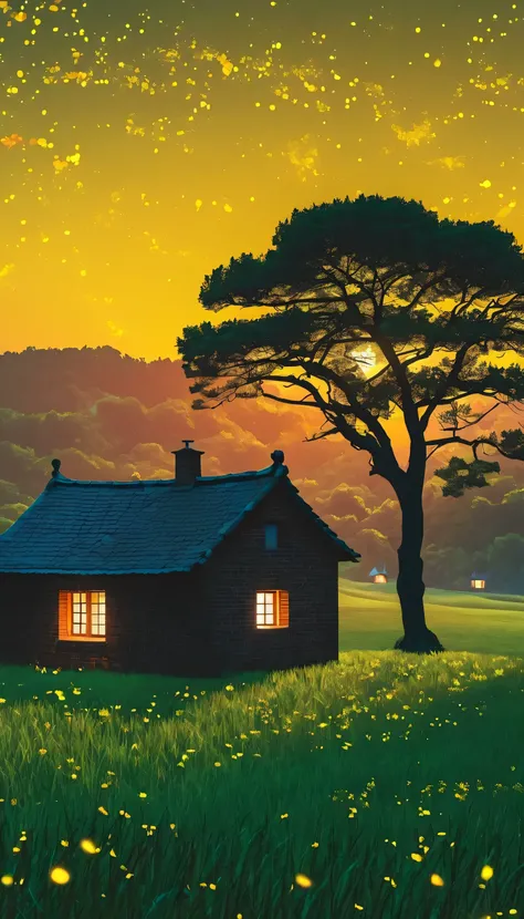 (Minimalism:1.4), Draw a simple Tintin style art, an old little brick hut under a lonely tree !!!,, lonely view from afar countryside night serene fireflies illumination dreamy vast sky amazing studio Ghibli, miyazaki, , Makoto Shinkai!!, anime movie backg...