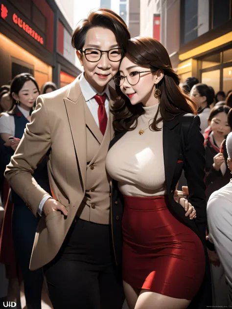 A beautiful woman wearing revealing skirt suit, her elderly husband hugged and kissed her from behind in the crowded crowd, UHD, masterpiece, textured skin, super detail, best quality, 8k.