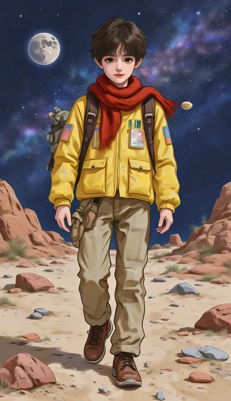full body. boy, he has the free and restless spirit of someone who has never known limits . His disheveled black hair is always partially covered by a shabby red scarf , and his clothes are a mix of reinforced jackets and pieces of different space su...