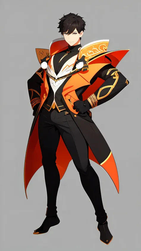 Please create a perfectly framed, full-figure, full-body illustration of a professional-grade male VTuber character, specifically designed for streaming use. The character is a stylish and handsome young man with a charismatic yet approachable appearance. ...