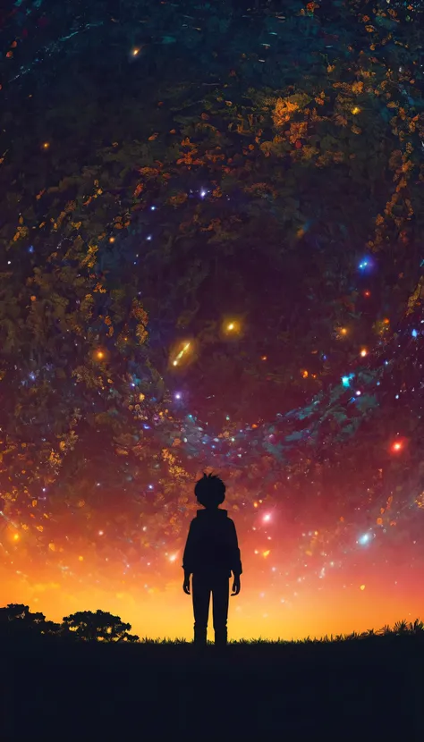 Draw a simple art in Tintinpixai style, a young boy pequeño  long exposure starry sky with many circular orbits, focus at stars,silhouette Anime beautiful peace scene, sun sunset nostalgic animated animated art background, Makoto Shinkai!!, anime movie bac...