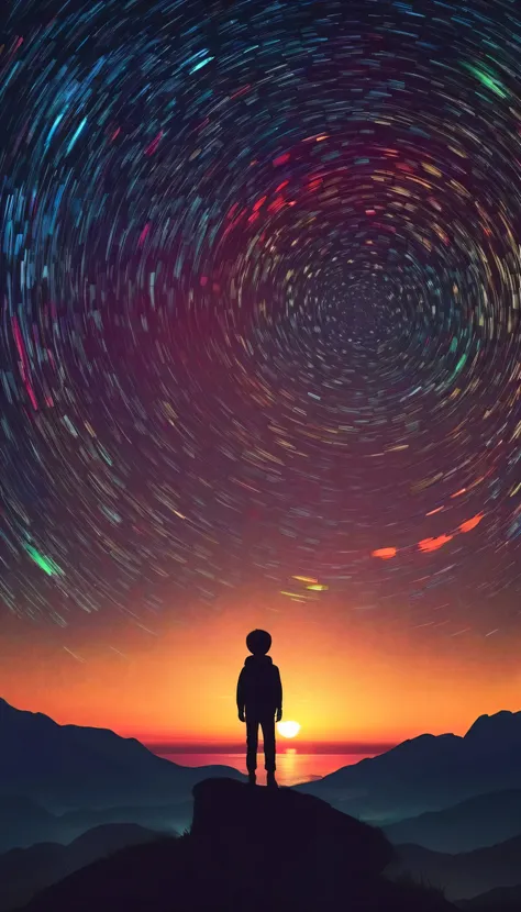 Draw a simple art in Tintinpixai style, a young boy pequeño  long exposure starry sky with many circular orbits, focus at stars,silhouette Anime beautiful peace scene, sun sunset nostalgic animated animated art background, Makoto Shinkai!!, anime movie bac...