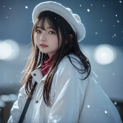 nsfw、  Snapshot,In 8K, top quality,Actual photo,   intricate details,    ultra high resolution ,   depth field  ,   Natural Soft Light   ,    professional lighting,moonlight、 In a snowy forest 、 a beautiful woman in a long white down coat is dancing、   ful...