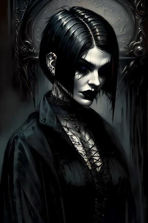 , Young witch,   Gothicic makeup, (((emo haircut))), piercings, by Luis Royo
animal ,  oil painting
 Inzaniak
voluminous hair, eyeliner , emo, emo makeup,  Gothic