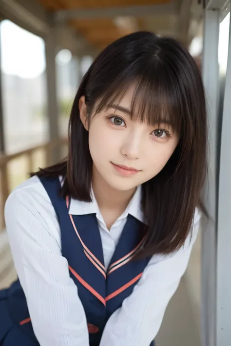 Top Quality, Focus on the Face , Soft light, ultra high resolution, ( photorealistic :1.4), RAW photo in the loop , 1 Japanese Girl , alone, cute, ( embarrassing smile:0.5), ( brown eyes, light in the eye), detaile...