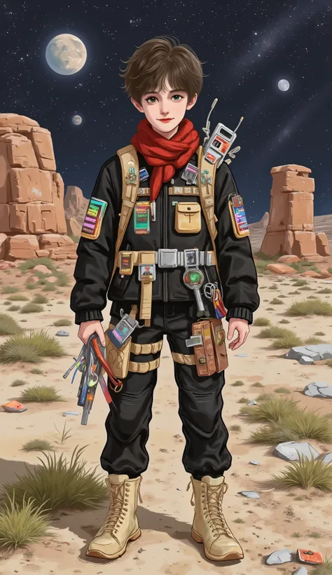 Full body of a boy with the free and restless spirit of someone who has never known limits. His messy black hair is partially covered by a worn red scarf, and his clothes combine reinforced dark jackets with pieces of space suits collected during his esca...