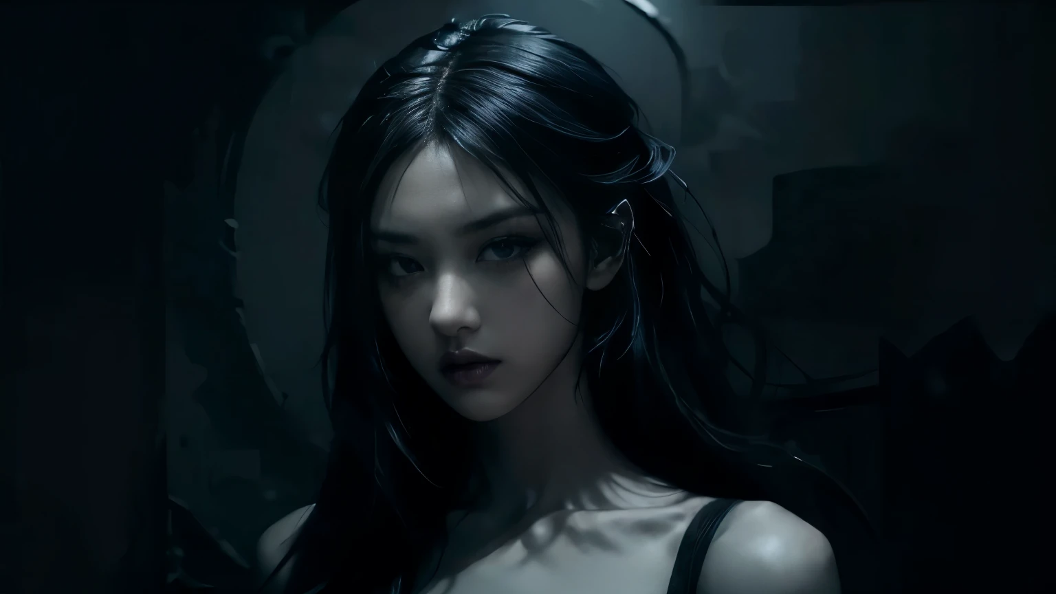 (best quality, highres:1.2), realistic, black dress, black hair, dark theme, black background, dark ninja, intense gaze, elegant posture, flowing dress, detailed facial features, long eyelashes, contrast, fine details, dramatic atmosphere, gothic style, in...