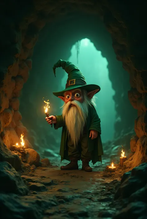 A leprechaun with big eyes and a long white beard is inside a mysterious cave, He is the guardian of this cave. The cave is illuminated by torches.