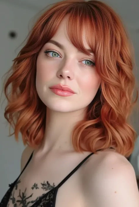 emma stone:

by:
- Color:  Intense red with warm reflections  (#FFC080)
- Texture: wavy,  silky and slightly curly
- Length :  to the shoulders,  with some longer wicks that fall on the forehead
- Style : suave, 

Eyes :
- Color: Light green with a touch o...