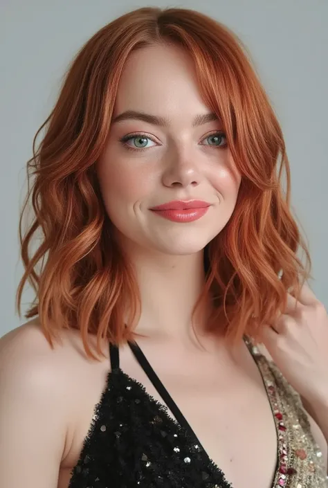 emma stone:

by:
- Color:  Intense red with warm reflections  (#FFC080)
- Texture: wavy,  silky and slightly curly
- Length :  to the shoulders,  with some longer wicks that fall on the forehead
- Style : suave, 

Eyes :
- Color: Light green with a touch o...