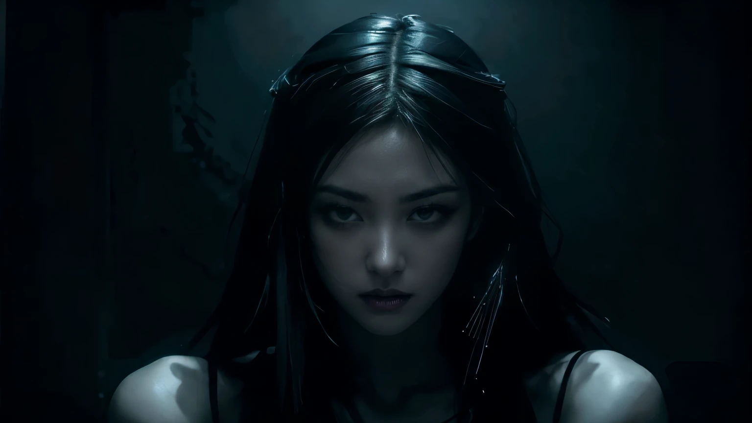 (best quality, highres:1.2), realistic, black dress, black hair, dark theme, black background, dark ninja, intense gaze, elegant posture, flowing dress, detailed facial features, long eyelashes, contrast, fine details, dramatic atmosphere, gothic style, in...