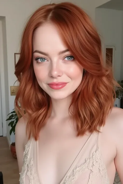 emma stone:

by:
- Color:  Intense red with warm reflections  (#FFC080)
- Texture: wavy,  silky and slightly curly
- Length :  to the shoulders,  with some longer wicks that fall on the forehead
- Style : suave, 

Eyes :
- Color: Light green with a touch o...