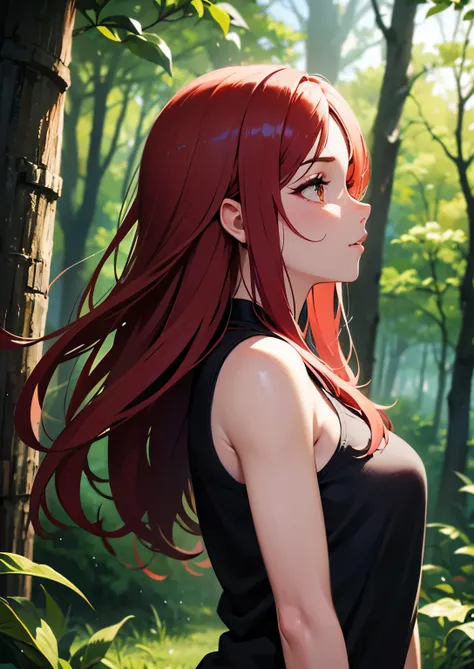  score curves_8_arriba, BREAK, 1 girl, Alone , Tayuya,  red hair,  long hair,  brown eyes, yours,  upperbody, al aire libre, forest,  arms to the sides ,