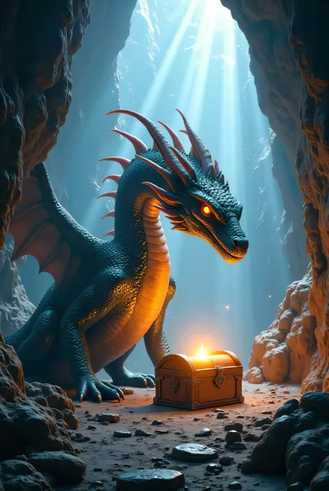  high quality, 8K ultra HD, A MYSTERIOUS CAVE WHERE THERE IS A GREAT WONDERFUL DRAGON THAT IS THE GUARDIAN OF A TREASURE CHEST. 