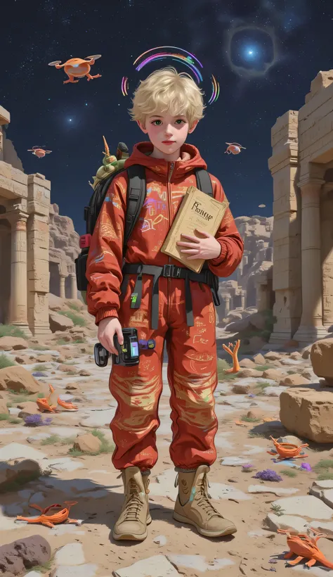 Full body de um garoto de 12 anos, with ever-attentive and curious eyes , as if trying to decipher the mysteries of the universe . Your blond hair is constantly messed up , reflecting his tireless mind full of theories . Your adventure clothes, altho...