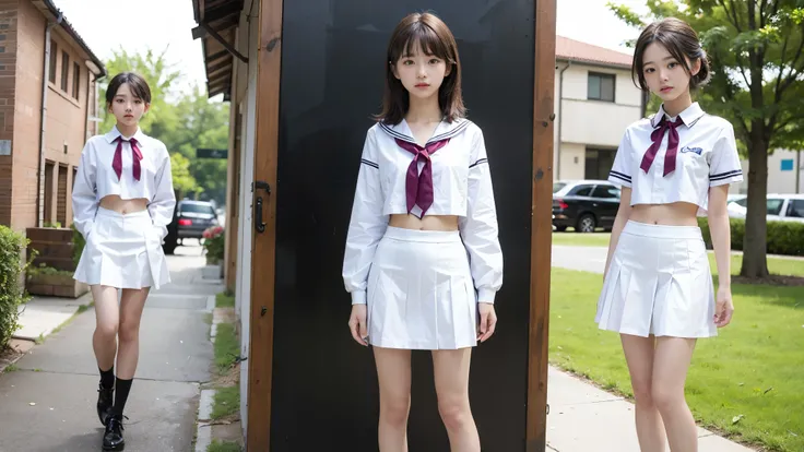 High detail, Textured skin, Very detailed, Ultra high definition, High-resolution model, Detailed face、bare navel、Twins, two girls, two high school girls、(((flat chest))), (flat chest:1.1)、 14years、a junior high school student、School Uniforms、Cute, young, ...