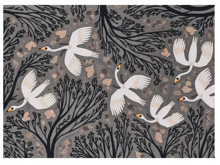  There are many white birds flying together in the sky, swan, Britney Lee,  by Alesso Barnetti ,  mysterious bird , 由Jacob Duck, Full width, 由 Neysa McMein,  birds and trees , author：Margo Hoff ,  feathers are raining , Inspired by Sōami,  Laura Watson ,  ...