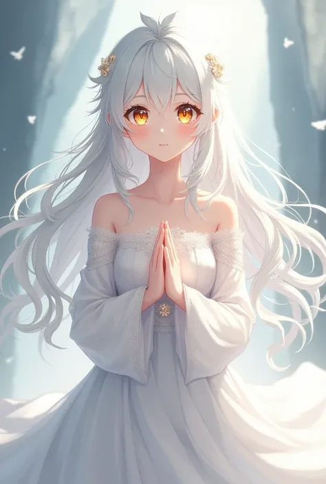 The white long-haired anime character looks beautiful and gorgeous, wearing a white dress in a pose, blessing the big round eyes in golden eyes.