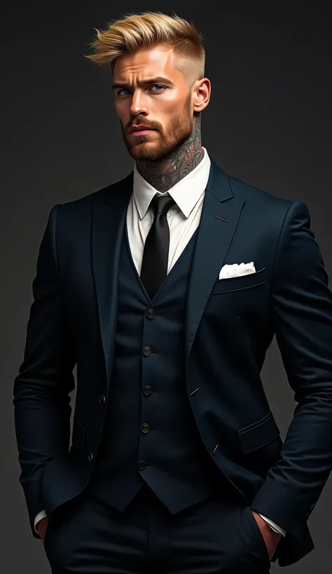  Beautiful Caucasian man muscular and tall like Thor,  with short blond hair ,  tattoos on his neck ,  short beard and blue eyes , Powerful 30-year-old mobster, wearing a beautiful dark and expensive suit,  standing against a dark background , graphic illu...