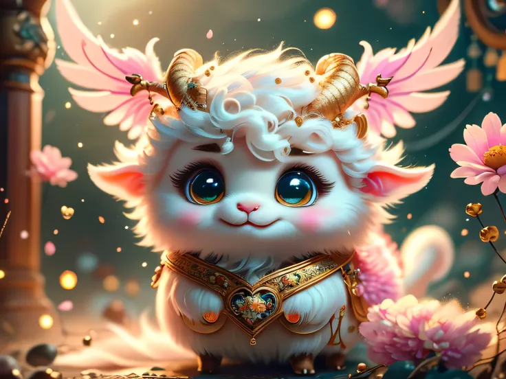 Realistic airbrush, An agathion with a cute, chibi-like appearance. This agathion should have sheep-like horns, a white fluffy head, and pink wings. In his hands, he holds a clenched harp with a heart on it, and golden sparkles shine around him, emphasizin...