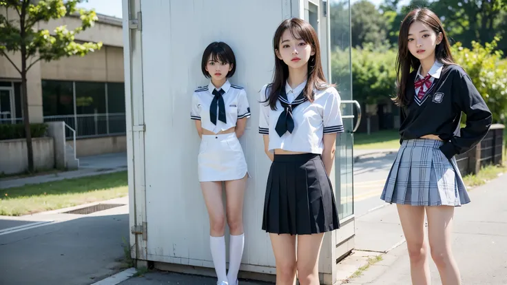 High detail, Textured skin, Very detailed, Ultra high definition, High-resolution model, Detailed face、bare navel、Twins, two girls, two high school girls、(((flat chest))), (flat chest:1.1)、 14years、a junior high school student、School Uniforms、Cute, young, ...