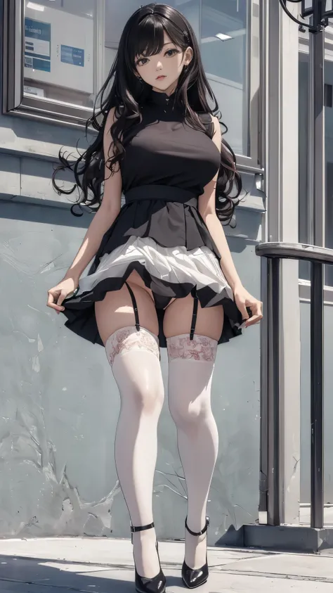 ((masterpiece, high quality, best quality, 8k, wallpaper, fine lineart, highly detailed, absurdres)), 1girl, korean popstar, thighhighs, miniskirt, high heels, mesh top, long black hair, pretty hands, cameltoe, curly hair,