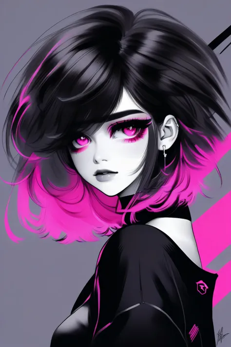 illustrator, anime , realistic ,sketch , 1 girl, ,lip, sweater,order, black and white mix gradient background, neon black and pink highlight hair,Textured trim, Canadian, (masterpiece,Best quality)