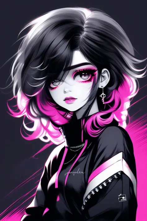 illustrator, anime , realistic ,sketch , 1 girl, ,lip, sweater,order, black and white mix gradient background, neon black and pink highlight hair,Textured trim, Canadian, (masterpiece,Best quality)