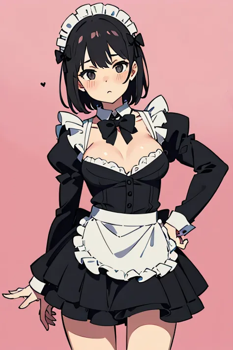 solo, female, darkest black hair, dead black eyes, maid attire, pink background, short hair, milf, c cup, black bow tie, can see skin, blush