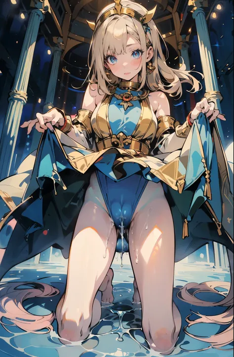 anime - style illustration of a woman in a enamel clothing, shirtless:1.5, fantasy video game character, official character art, feminine, full body, female action anime girl, long hair, dull bangs, blush, (cameltoe:1.5), (kneeling Posing:1.5), (pussy juic...