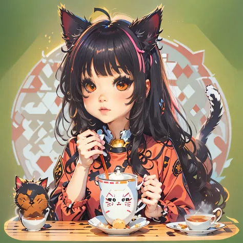 Sticker, Cute anime girl head,  junkotvv, , ((cat girl, cat black ears)), (red eyes), (long hair), (( black hair, (Ahoge), straight bangs,)),s, cute clothing， Drinking tea, in circle, White background, Bright pink, Simple, Ultra detailed, Detailed drawing,...