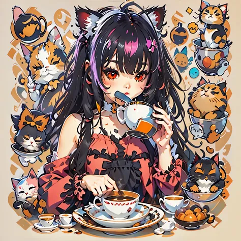 Sticker, Cute anime girl head,  junkotvv, , ((cat girl, cat black ears)), (red eyes), (long hair), (( black hair, (Ahoge), straight bangs,)),s, cute clothing， Drinking tea, in circle, White background, Bright pink, Simple, Ultra detailed, Detailed drawing,...