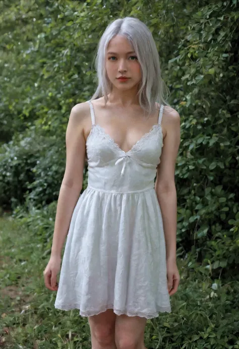 Silver haired woman in dress, 1woman, solo, sundress, photorealistic, realism, realistic, human