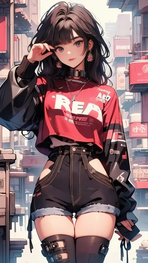 (RAW photos, best quality, masterpiece:1.2), (Practical, photo-Practical:1.4),(masterpiece:1.4),(best quality:1.4), ((Cyberpunk Girl)), ,Short white shirt，Open hooded fur-trimmed down jacket，Red mini skirt，((dynamic poses)), (((Cyberpunk city street backgr...