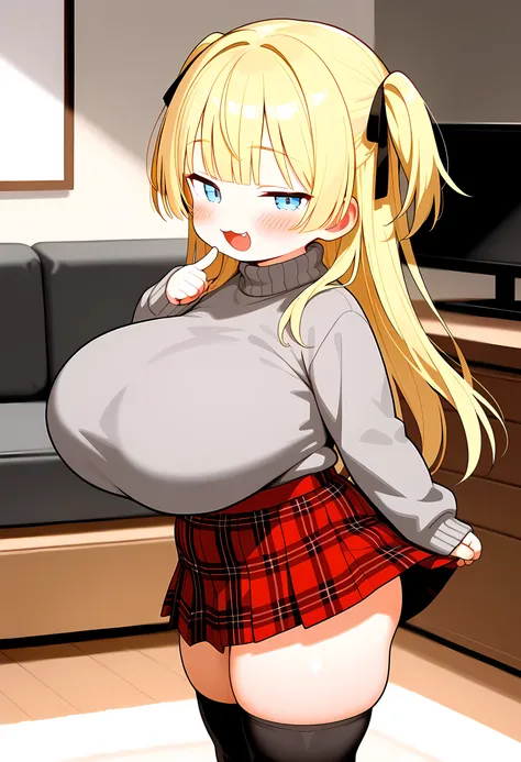 (ultra-detailed), from side, (toddler:1.4),finger to mouth, gray Sweater,turtleneck,sleeves past wrists,red pleated skirt,plaid skirt,black over-kneehighs,huge breasts,disproportionate breasts,thick thighs, seductive smile,open mouth,:3, light blue eyes , ...